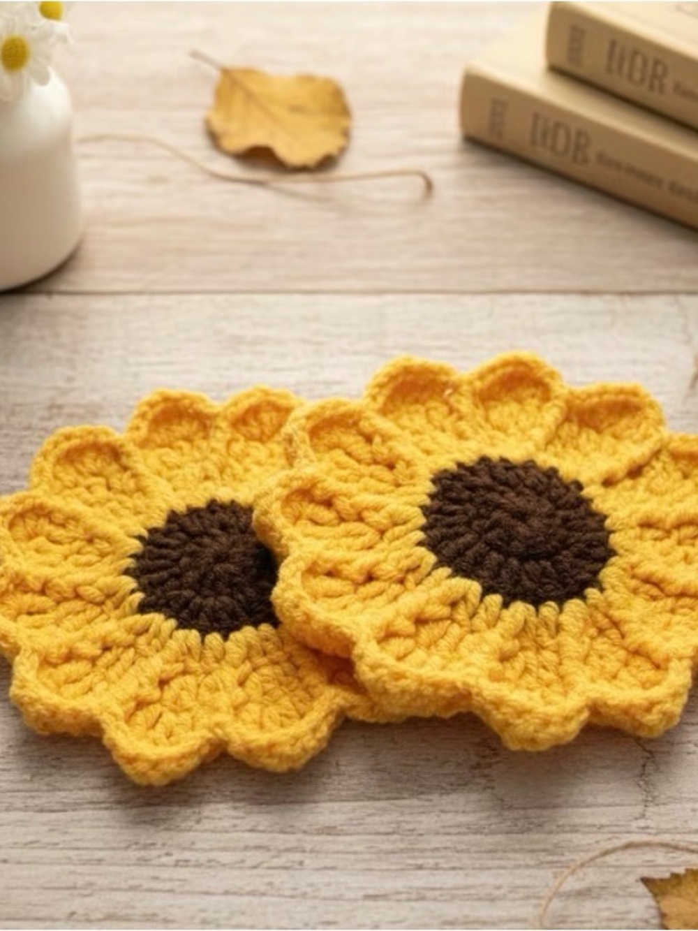 Hand Crafted Yellow and Brown Crochet Sunflower Coasters set of 2.